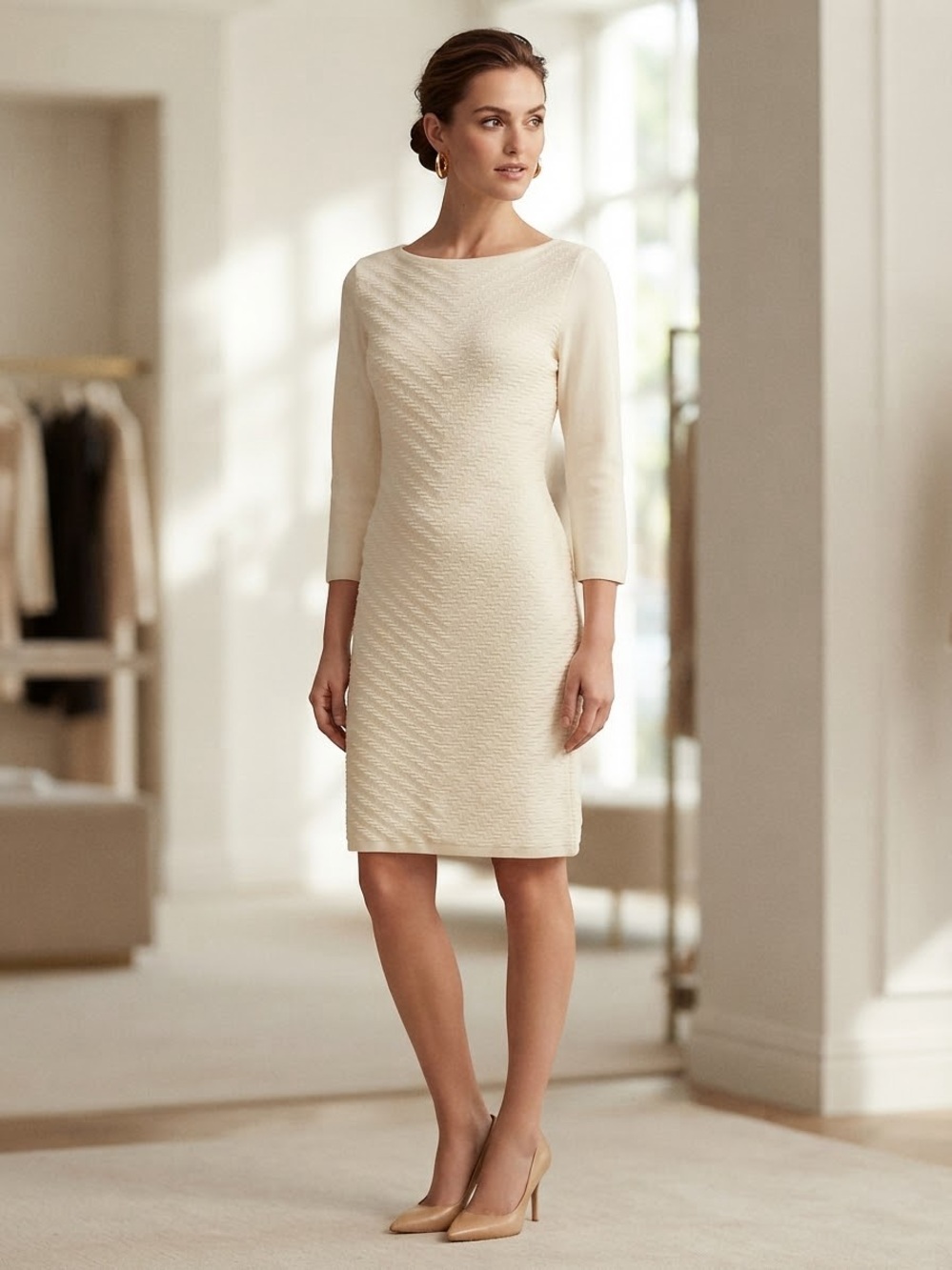 Ralph Lauren Cream Textured Midi Sweater Dress